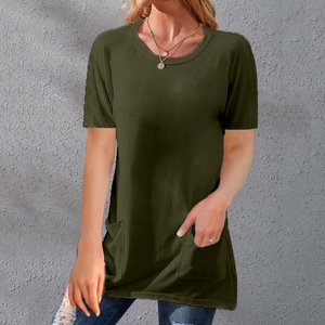 Detail of army green crew neck T-shirt featuring two symmetrical large front pockets