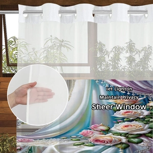 Detail of sheer floral shower curtain showing light filtering and privacy fabric texture