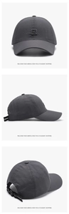 Detailed views of a dark grey breathable mesh baseball cap with adjustable strap and logo