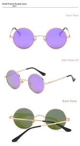 Detailed views of gold round vintage sunglasses with purple mirrored lenses and metal frame