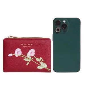 Baellerry short red floral embroidered zipper wallet for women with pebbled leather texture