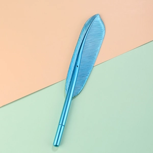 Elegant light blue feather shaped gel ink pen with metallic finish on pastel background