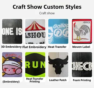 Close-up of 8 custom baseball cap logo techniques like 3D embroidery and leather patches