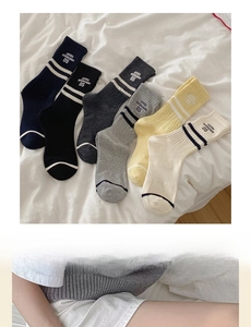 Detail of striped cotton crew socks with SOCKS 05 embroidery in multiple color options
