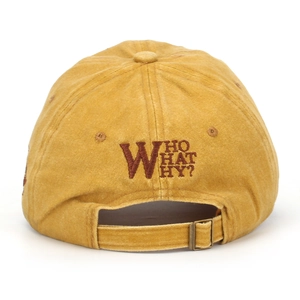 Rear view of ginger baseball cap with WHO WHAT WHY embroidery and metal buckle closure