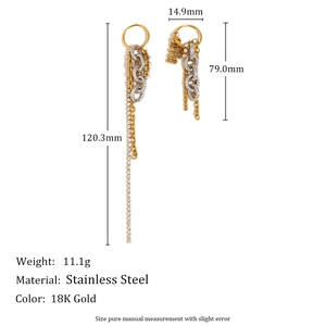 Asymmetric long tassel earrings in 18K gold plated stainless steel with zircon stones