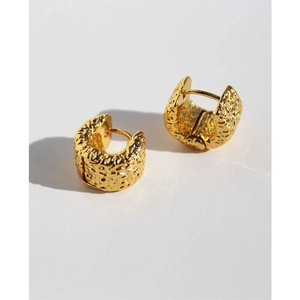 Polished gold earrings with irregular lava texture and geometric square hoop design
