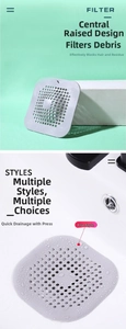 Detail showing two styles of grey silicone hair catchers for sinks and bathroom drains