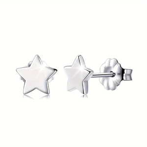 Polished silver stainless steel star stud earrings with secure butterfly backings for women