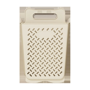Foldable plastic laundry basket in beige with breathable hollow design and top handle