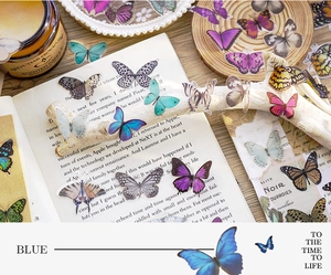 Macro detail of waterproof PET butterfly stickers for journaling on vintage paper