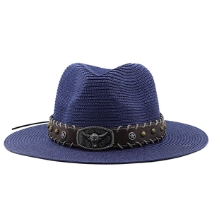 Navy blue western straw cowboy hat with a vintage bull head buckle and metallic studs