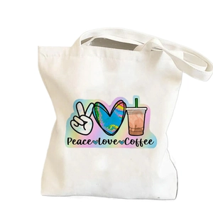 Stylish white canvas tote bag for women with colorful Peace Love Coffee graphic print