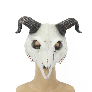 Realistic goat skull Halloween mask with spiral horns and blood splatters for cosplay