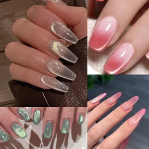 Detailed view of cat-eye nail polish in four shades with glossy magnetic light effect