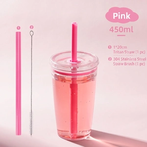 Pink 450ml Tritan straw cup with 20cm straw and stainless steel cleaning brush