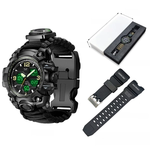 Tactical dual display watch with paracord strap, compass, and thermometer in box