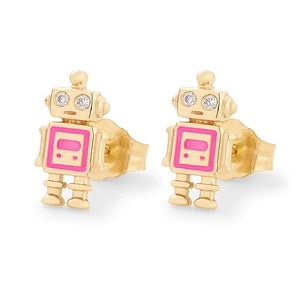 Detail of golden robot stud earrings featuring pink enamel and sparkling clear gemstones