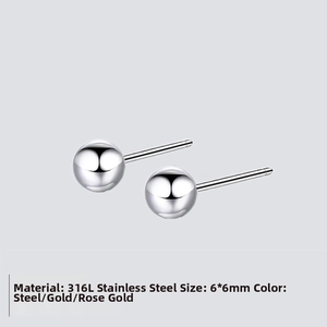 Macro detail of 6mm ball stud earrings crafted in 316L polished stainless steel