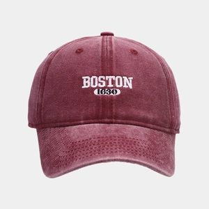 Vintage washed burgundy baseball cap with white Boston 1630 embroidery and curved brim