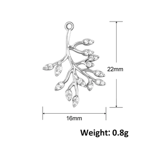 Detailed dimension chart of silver leaf pendant with cubic zirconia for DIY jewelry making