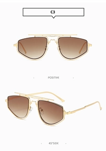 Dual view of gold metal polygon sunglasses with gradient brown lenses and modern frame