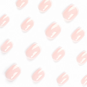 Short square nude pink press-on nails with a glossy translucent jelly finish