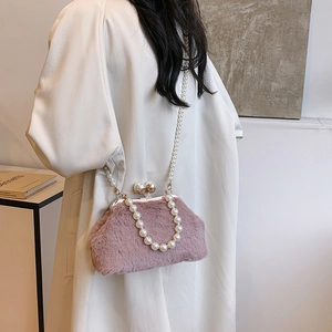 Pink plush shell bag for women with elegant pearl chains and vintage metal clasp closure