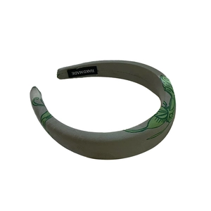 Handmade Chinese style wide headband featuring green floral butterfly embroidery and padding