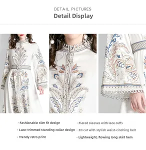 Close-up of vintage floral dress showing lace collar, bell sleeves and waist belt buckle