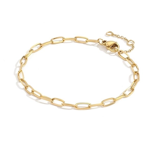 Minimalist gold-plated stainless steel chain bracelet with lobster clasp on white backdrop