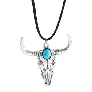 Western style bull skull necklace with turquoise stone inlay on black leather cord