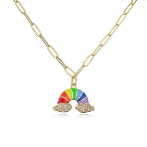 Gold paperclip chain necklace with a colorful enamel rainbow and zircon cloud pendant