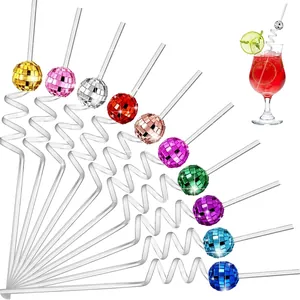 Disco Ball Spiral Straws Plastic Curvy Mirror Drinking Straws Reusable For Party Decoration Wedding Birthday Celebration