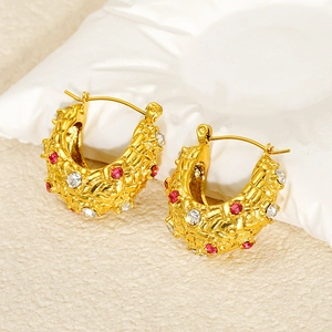 Retro Chunky Creolen 18K Vergoldet Edelstahl Mit Geflochtener Textur Und Rosa Klaren Kristallen Für Damen