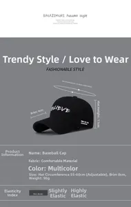 Detailed sizing chart and material specs for the vintage black Believe baseball cap