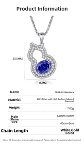 Detail showing S925 silver gourd pendant with blue oval gemstone and small side diamonds