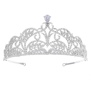 Detail of silver bridal tiara with rhinestones and pear-cut teardrop crystal center
