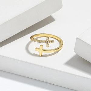 Minimalist S925 sterling silver open ring with double cross design and zircon stones