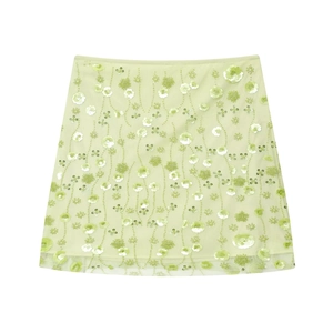 Women Sexy Mesh Mini Skirt With 3D Sequin Flower Beading Embroidery Light Green Socialite Style Semi Transparent Short Skirt