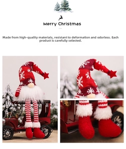 Detailed view of red and white Christmas gnome with snowflake hat and striped legs