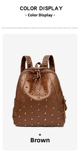 Detail view of brown vintage backpack with metal rivet studs and litchi texture