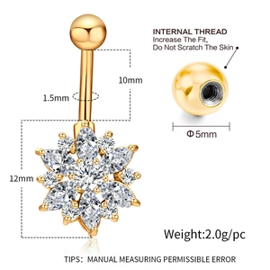 Golden flower navel ring with zircon inlays and detailed sizing dimensions on white background