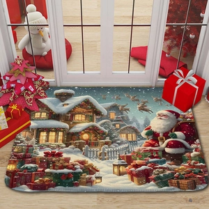 Detail of Christmas flannel floor mat featuring Santa and reindeer on wooden floor