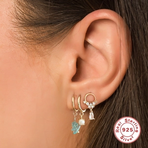 925 silver earring set with natural blue stone and pearl pendants shown on model