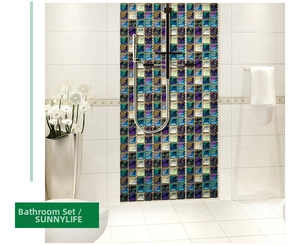 Blue and green mosaic wall stickers applied in a modern white bathroom setting