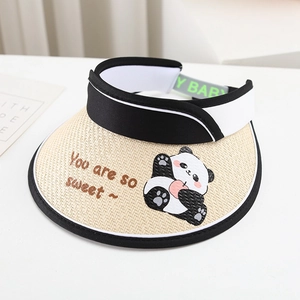 Detail of straw sun visor for kids with cartoon panda and You are so sweet text