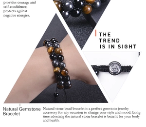 Detail of natural tiger eye and black agate double-layer bracelet with adjustable cord