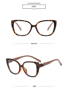Cat eye glasses frames in demi color with a side and front view of the metal temples