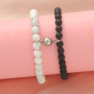 Magnetic couples bracelets with matte black and white marble natural stone beads